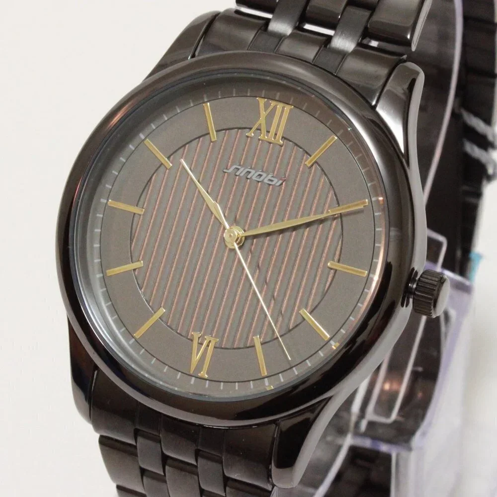 Ladies Classic Quartz Watch Black Textured Dial Gold Tone Indices Roman Numerals